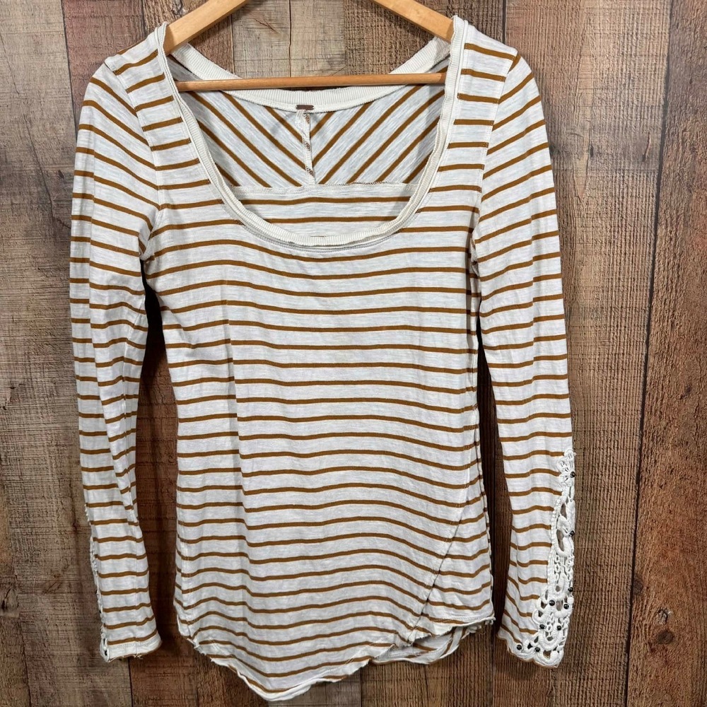 Free People Striped Long Sleeve Top Medium Beaded Lace Cuff Boho Layered Tee - Picture 1 of 5